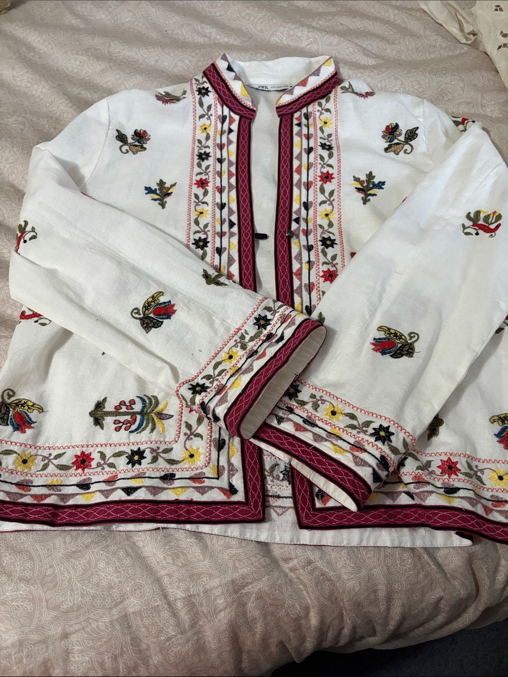 Zara White Embroidered Jacket with Pink Trim